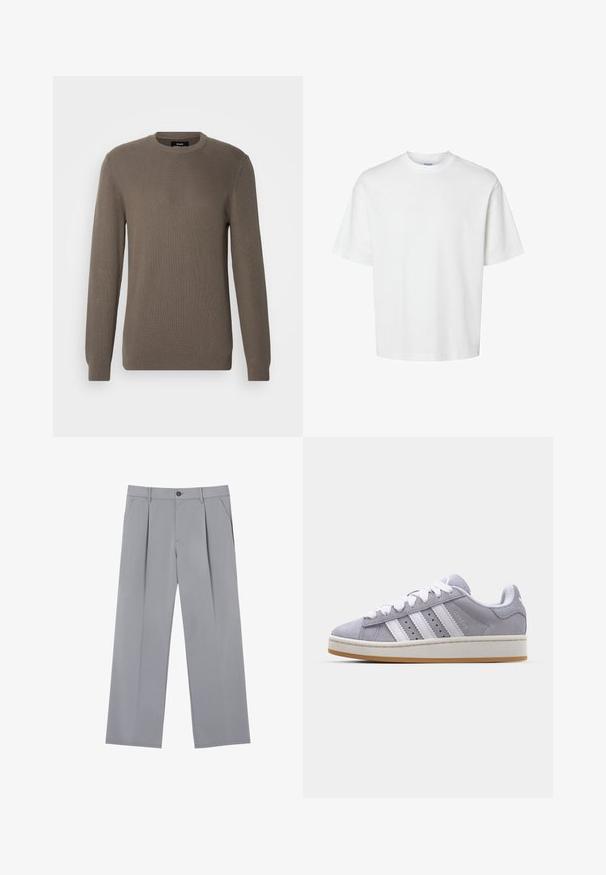 Brown ribbed sweater with a crew neck, long sleeves, and a textured fabric. Simple design without additional patterns or hardware.; White cotton t-shirt with short sleeves, crew neckline, and a relaxed fit. Smooth texture with no visible patterns or accents.; Gray pleated trousers with a relaxed fit, made from a lightweight fabric. Features front pockets and a button closure at the waist.; Gray suede sneakers with white stripes, round toe, and rubber sole. Features perforations on the side and textured heel tab.