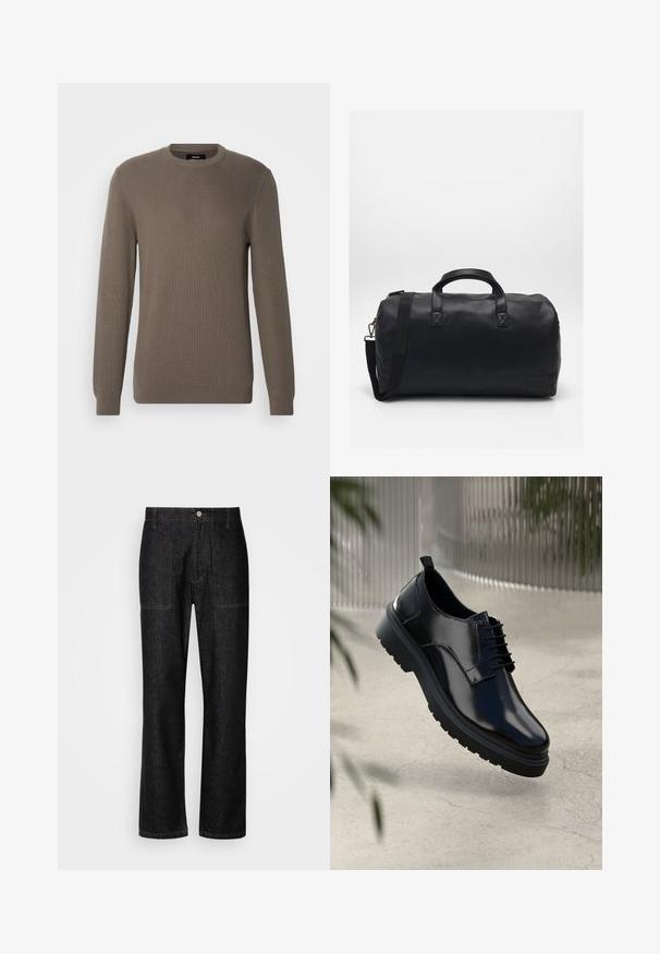 Pruun ribsiga sviiter ümarate kaelustega, pikkade varrukatega ja tekstuurse kangaga. Lihtne disain ilma lisamustrideta või metalldetailideta.; Mustad denim püksid sirge säärega, nähtava õmblusega ja eesnupuga sulgur. Sisaldab kahte küljetaskut ja kahte tagataskut.; Must musta kingad, millel on läikiv pind, ümmargune varvas, nööridega sulgemine, kontrastõmblused ja paks kummist tald, millel on mustrimuster.; Must musta käsnaga valmistatud tekstureeritud sünteetilisest materjalist. Omab kahte käepidet ja reguleeritavat õlavarre rihma. Lihtne disain ilma nähtavate mustriteta.