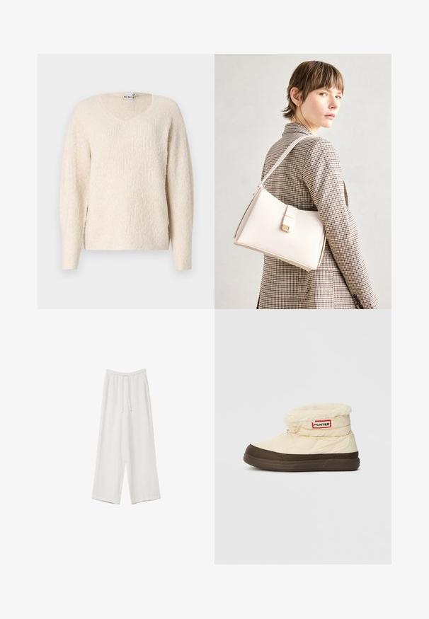 Svetlo béžový sveter z jemnej, textúrovanej látky. Má výstrih do V, dlhé rukávy a bočné rázporky pre pohodlie. Jednoduchý, minimalistický dizajn.; Biele široké nohavice vyrobené z ľahkej tkaniny. Obsahujú elastický pás so sťahovacou šnúrkou a bočné vrecká. Hladká textúra.; Krémovo-hnedé zateplené členkové čižmy s fleecovou podšívkou a nášivkou loga Hunter na boku, zimná obuv na chladné počasie.; Biely kožený kabelka so štruktúrovaným dizajnom, s magnetickým uzáverom a ramenným popruhom, vystavená na neutrálnom pozadí.