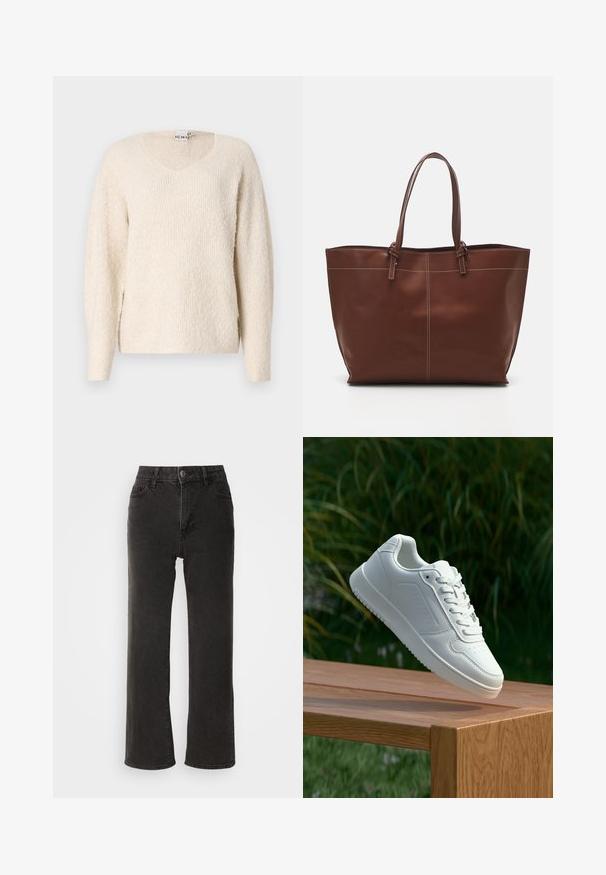 Lys beige sweater i blødt, struktureret stof. Har V-udskæring, lange ærmer og sidespalter for bedre bevægelsesfrihed. Enkel, minimalistisk design.; Sorte vide benjeans lavet af denim, med en frontknaplukning, bæltesløjfer og fem lommer, der har en let falmet tekstur.; Hvid sneaker med en glat syntetisk overdel, perforeret tåboks, flade snørebånd og en tekstureret sål, præsenteret på en træoverflade.; Brun læder tote taske med dobbelt håndtag, har kontraststing og et rummeligt design, velegnet til daglig brug.