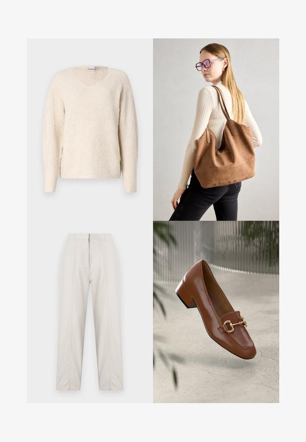 Svetlo bež pulover od mekog, teksturiranog materijala. Ima V izrez, duge rukave i bočne proreze za lakše oblačenje. Jednostavan, minimalistički dizajn.; Pantalone boje kreme sa ravnim nogavicama, s detaljima pregiba sprijeda, dva bočna džepa i pojasom srednje visine.; Smeđi lakirani loafer s kvadratnim vrhom, metalnim lancem kao naglaskom i niskom blok petom; glatka tekstura, minimalistički dizajn.; Smeđa suede torba sa mekom teksturom, širokim otvorom i dugim trakama. Ima jednostavan dizajn s vidljivim šavovima i bez hardvera.