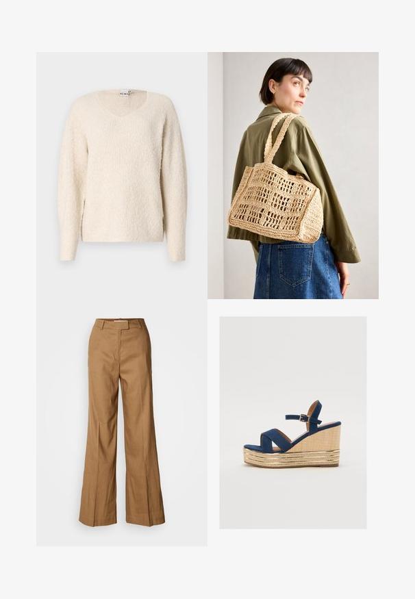 Helles beiges Sweater aus weichem, strukturiertem Stoff. Mit V-Ausschnitt, langen Ärmeln und seitlichen Schlitzen für mehr Bewegungsfreiheit. Einfaches, minimalistisches Design.; Braune weite Hosen aus leichtem Stoff. Verfügt über einen flachen Bund, Gürtelschlaufen und eine taillierte Silhouette mit einem knöchellangen Schnitt.; Marineblaue Keil-Sandale mit überkreuzten Riemen, einer strukturierten Plattform aus Naturfasern und einem goldenen Metallakzent an der Basis.; Helle, gewebte Häkelhandtasche in rechteckiger Form, mit zwei breiten Griffen und einem offenen Gittermuster. Das Design zeichnet sich durch einen strukturierten Stoff und ein geräumiges Innenleben aus.