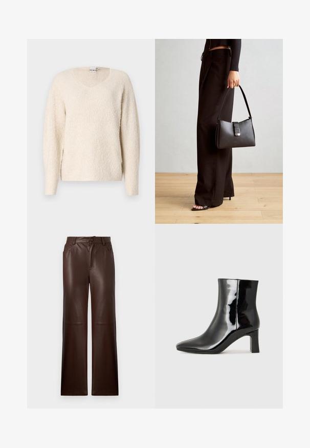 Šviesiai smėlinis megztinis iš švelnaus, tekstūrinio audinio. Su V formos iškirpte, ilgomis rankovėmis ir šoninėmis plyšėmis patogumui. Paprastas, minimalistinis dizainas.; Rudos odinės platėjančios kelnės su lygiu paviršiumi, diržo kilpos, priekinės kišenės ir mygtuko užsegimo detalė juosmenyje.; Juodos lakuotos odinės aulinukės su smailiu pirštu ir vidutinio aukščio blokuotu kulnu. Lygus paviršius ir minimalistinis dizainas.; Juodas rankinė struktūrizuota forma, lygi tekstūra ir metalinis užsegimas. Suporuota su plačiomis juodomis kelnėmis ir atvirais bateliais ant medinių grindų.