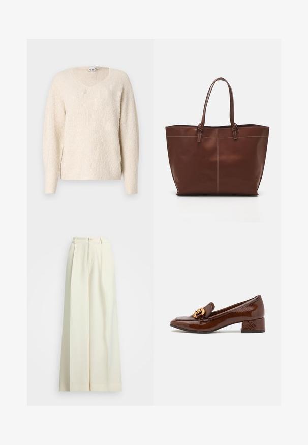 Svetlo bež pulover iz mehke, teksturirane tkanine. Ima V-izrez, dolge rokave in stranske razpoke za udobje. Preprost, minimalističen dizajn.; Hlače širokih nogavic iz ofsajd belega blaga, z visokim pasom, dvema plisama in gumbnim zapiranjem. Gladka tekstura in krojen design.; Brahkni usnjeni mokasini z sijočo površino, ki imajo dekorativno zlato zaponko spredaj in nizko blok peto. Klasična zasnova.; Rjava usnjena torba z dvema ročajema, z kontrastnim šitjem in prostornim dizajnom, primerna za vsakodnevno uporabo.
