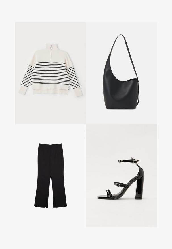 Valkoinen ribattu neulepusero, jossa on korkea kaulus, mustat vaakaraidat ja puolimittainen vetoketju kauluksessa. Valmistettu rentoon istuvuuteen.; Mustat housut suoralinjaisella leikkauksella, joissa on etutaskut ja sivurei'ät helman alla. Valmistettu pehmeästä ja sileästä kankaasta. Sopii eri tilaisuuksiin.; Musta kiiltävä korkokenkä sandaalit neliönmuotoisella varpaalla, nilkkaremmillä ja hopeisilla soljilla. Varustettu tukevalla lohkokorkealla vakauden takaamiseksi.; Musta nahkainen hobo-laukku, jossa on sileä pinta, kaareva muoto ja yksi säädettävä olkahihna; sisäänkäynti on leveä ylhäältä.