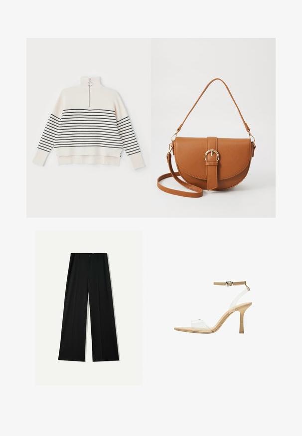 White ribbed sweater with a high neck, featuring black horizontal stripes and a half zipper at the collar. Finished with a relaxed fit.; Bershka WIDE - Trousers - black; Clear heeled sandal with a transparent upper, beige footbed, and a slender ankle strap. Features a pointed toe and a thin high heel.; Brown leather crossbody bag with a curved shape, gold hardware, and a buckle accent. Features a detachable shoulder strap.