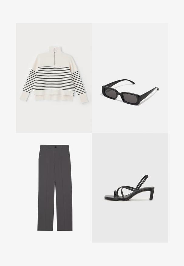 White ribbed sweater with a high neck, featuring black horizontal stripes and a half zipper at the collar. Finished with a relaxed fit.; Grey trousers with a straight leg design, featuring two side pockets and a button closure. Smooth fabric with no visible patterns or accents.; Black strappy sandal with a square toe and a low block heel. Features multiple thin straps and an adjustable ankle strap. Made of smooth leather.; Black rectangular sunglasses with dark lenses, glossy finish, wide arms, and a chunky frame design. Engraved brand name on one arm.