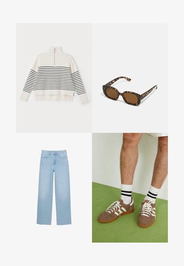 Weiße gerippte Strickjacke mit hohem Kragen, ausgestattet mit schwarzen horizontalen Streifen und einem halben Reißverschluss am Kragen. Mühelos mit einer lässigen Passform.; Helle blaue weite Jeans aus Denim, mit hoher Taille, geradem Schnitt und Fünf-Taschen-Design sowie einem sauberen Saum.; Braune Wildleder-Sneaker mit weißen Akzenten und Schnürsenkeln. Gummisohle in Kautschuk-Optik. Getragen mit weißen Socken, die schwarze Streifen haben. Grüner strukturierter Fußboden.; Schildpatt-Sonnenbrille mit einem runden, klobigen Rahmen und braunen Gläsern. Verfügt über dezente Muster und gerade, zulaufende Bügel.; Zign LEATHER - Shopping Bag - light brown