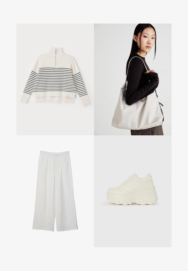 Bela rebrasta jopica z visokim ovratnikom, ki vsebuje črne vodoravne črte in pol zadrgo na ovratniku. Dokončana z sproščenim krojem.; Bele široke hlače iz lahkega materiala, ki imajo elastičen pas in vrvico za prilagajanje. Gladka tekstura.; Bele platformske tene z belim zgornjim delom, ki spominja na usnje, okroglo obliko, oblazinjen ovratnik ter gumo z teksturo na podplatu z izrazitimi profili.; Bežna torbica iz mehkega materiala, z ohlapno zasnovo, šivi in dvema naramnicama. Primerna za vsakodnevno uporabo.