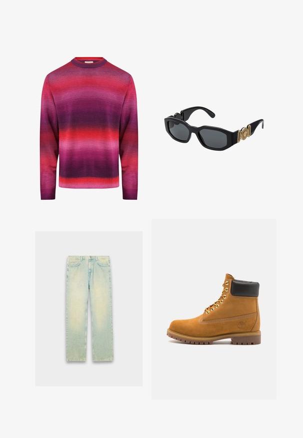 Redefined Rebel NELSON REGULAR FIT - Stickad tröja - magenta purple; Ljust blå denimjeans med lös passform, med fem fickor, dragkedjegylf och en blekt finish över låren och knäna.; Tan mockasins ankelstövlar med svart vadderad krage, guldmetallöglor, vit sömdekor och slitstöt gummisula med utmärkta mönster.; Svarta solglasögon med en kraftig geometrisk ram, mörka linser och guldmetallaccenter på skalmarna som har en rund emblemdetalj.