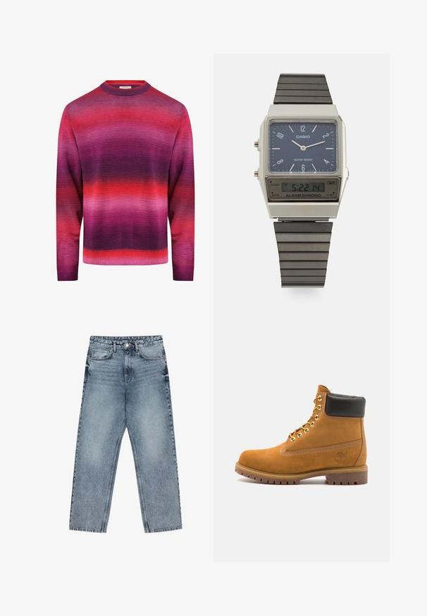 Redefined Rebel NELSON REGULAR FIT - Strickpullover - magenta purple; Hellblaue Jeans aus Denim mit geradem Schnitt, sichtbaren Nähten, fünf Taschen-Design und einem Knopfverschluss an der Taille.; Beige Wildleder-Ankle-Boot mit schwarzem gepolstertem Kragen, goldenen Metallösen, weißen Nähdetalben und einer robusten Gummisohle mit ausgeprägtem Profil.; Casio Digitaluhr mit blauem Zifferblatt, silbernem Gehäuse und geschichtetem schwarzen Gummiband. Zeigt Uhrzeit und Alarm Einstellungen an. Wasserdicht.