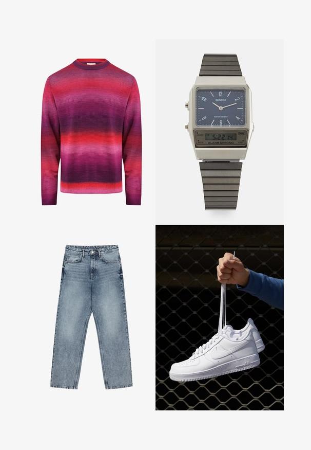 Redefined Rebel NELSON REGULAR FIT - Džemper - magenta purple; Heledad sinine teksad sirge lõikega, nähtavate õmblustega, viie taskuga disain ja nupuga kinnitamine vööl.; Valged nahast tennisetossud, millel on perforatsioonid, ümar nina, lame tallus ja paksud nöörid, nähtava swooshi logoga ja "AIR" kontsadel.; Casio digitaalne kell sinise kelladialiga, hõbedase korpuse ja kihilise musta kummirihmaga. Kuvab aega ja häiresätteid. Veekindel.