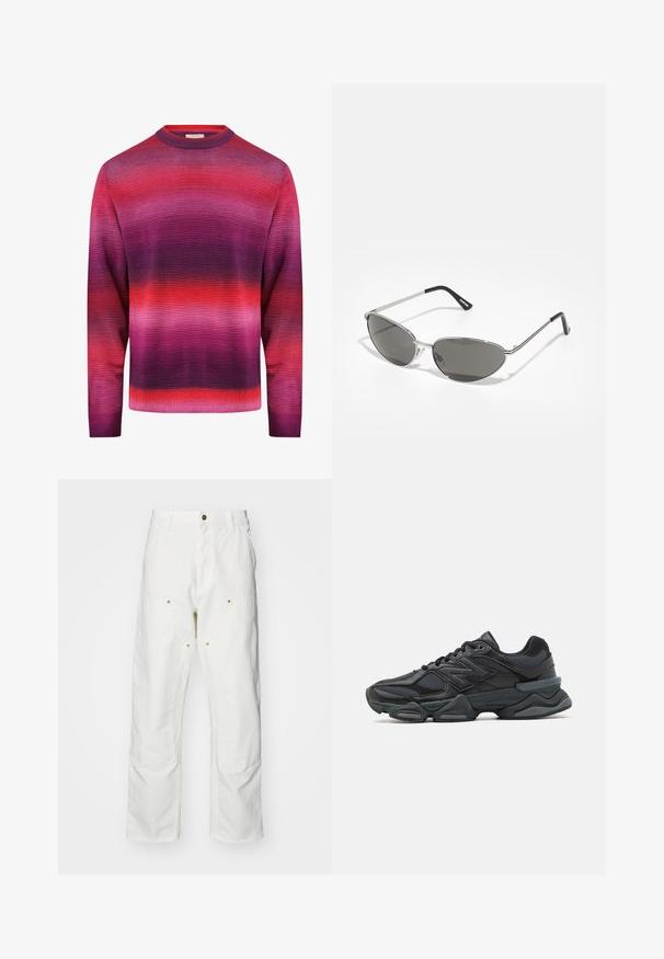 Redefined Rebel NELSON REGULAR FIT - Jumper - magenta purple; White cotton cargo pants with a relaxed fit. Features include front pockets, gold hardware accents, and reinforced knee sections.; Black running shoe featuring a mix of mesh and synthetic materials, chunky sole, curved design, and prominent branding on the side.; Sunglasses with a sleek, silver metal frame, gray tinted lenses, and an aerodynamic design featuring pointed edges and thin arms.