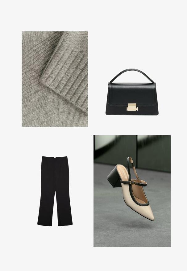 Měkká šedá pletenina s ribkovou texturou, která obsahuje vrstvené sekce, jedna hladká a druhá s diagonálním vzorem.; Černé kalhoty s rovným střihem, s předními kapsami a bočními rozparky na lemu. Vyrobené z jemné, hladké tkaniny. Vhodné na různé příležitosti.; Beige boty s špičatou špičkou a otevřenou patou, černými detaily, zlatou přezkou a silným blokovým podpatkem, na šedé podlaze s tmavě zeleným pozadím.; Černá kožená kabelka se strukturovaným designem, horním uchopením a zlatým kovovým zapínáním na přední straně. Hladký povrch, minimální švy.