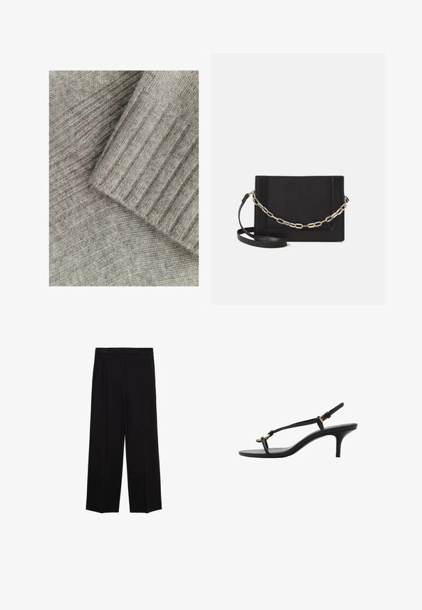 Weiches graues Strickgewebe mit gerippter Textur, das aus geschichteten Abschnitten besteht, einem glatten und einem mit diagonalen Mustern.; Schwarze weit geschnittene Hosen aus glattem Stoff, mit Falten an der Vorderseite und seitlichen Taschen, entworfen in einem geraden, lässigen Schnitt.; Schwarze Leder-Kitten-Heel-Sandale mit dünnen Riemen, goldener Schnalle und minimalistischer Zehen-Schlaufe vor einem weißen Hintergrund.; Schwarze Leder-Crossbody-Tasche mit glatter Textur, rechteckiger Form und metallic-kettendetail auf der Vorderseite. Verstellbarer Gurt inklusive.