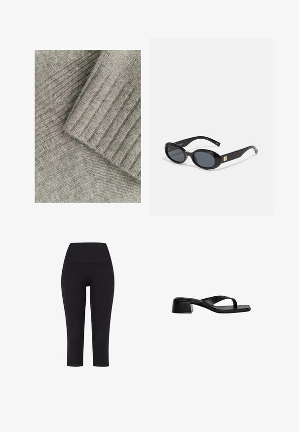 Zacht grijs gebreid stof met ribbelstructuur, met gelaagde secties, één glad en één met een diagonaal patroon.; Zwarte driekwart leggings van rekbare stof, met een hoge tailleband en zonder zichtbare patronen of hardware.; Zwarte leren sandalen met hakken hebben een teenvetstrapontwerp, vierkante neus en een lage blokhak. Zachte textuur met een minimalistische stijl.; Zwarte ovale zonnebril met donkere lenzen, glanzend kunststof frame, brede zijkanten en een kleine gouden accent aan de zijkant.
