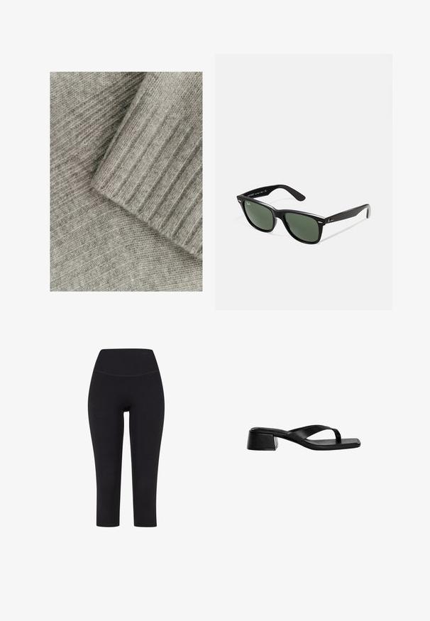 Mehakava pletenina v sivi barvi z rebrastim teksturo, ki vsebuje plastične dele, enega gladkega in drugega z diagonalo vzorcem.; Črne legice do tri četrtine, izdelane iz elastičnega materiala, z visokim pasom in brez vidnih vzorcev ali dodatkov.; Črne usnjene sandale s peto imajo obliko thong traku, kvadratni nos in nizko blok peto. Gladka tekstura z minimalističnim stilom.; Črne plastične sončna očala z zelenimi lečami, kvadratni okvirji, srebrni detajl na obrvi in teksturirani ročaji. Blagovna znamka navedena na notranji strani ročaja.