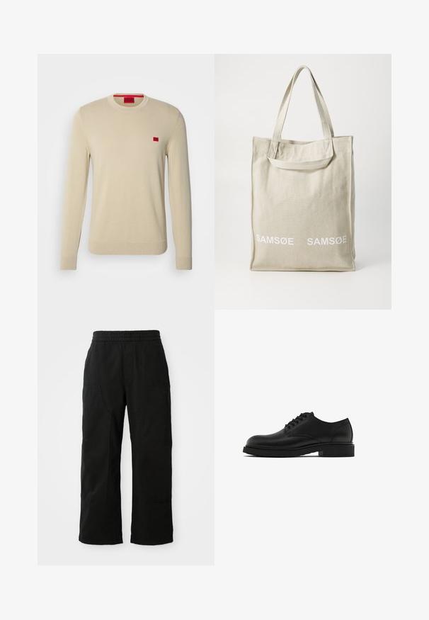 HUGO SAN CASSIUS - Trui - open beige; Lichtbeige en witte geruite overhemden met lichtblauwe accenten. Lange mouwen, knoopsluiting aan de voorkant en een borstzak. Gemaakt van katoen.; Zwarte katoenen broek met een elastische tailleband, wijd gesneden ontwerp en grote zijzakken. De stof lijkt zacht met een gladde textuur.; Zwarte leren nette schoen met een textuur, ronde neus, vijf oogjes voor veters en een stevige zwarte zool. Eenvoudig, recht design.; Canvas tote bag in lichtbeige met dubbele handvatten, voorzien van het "SAMSOE" logo in het wit gedrukt op de voorkant. Rechthoekige vorm met een eenvoudig ontwerp.