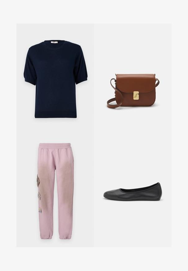 Paul & Joe BASTIEN - Jersey de punto - marine; Camiseta de manga corta blanca hecha de tela de canalé. Cuello redondo, corte regular y detalles de costura sutiles. Sin patrones ni gráficos.; Pantalones de chándal rosas con cintura elástica, que presentan parches decorativos en forma de diamante en el lado izquierdo y puños elásticos en los tobillos.; Bailarina de piel negra con punta redondeada, textura suave, detalle de costura minimalista y diseño de suela flexible.; Bolso de mano de cuero marrón con cierre de solapa, herrajes en tono dorado, correa para el hombro y una textura suave. Forma rectangular compacta.