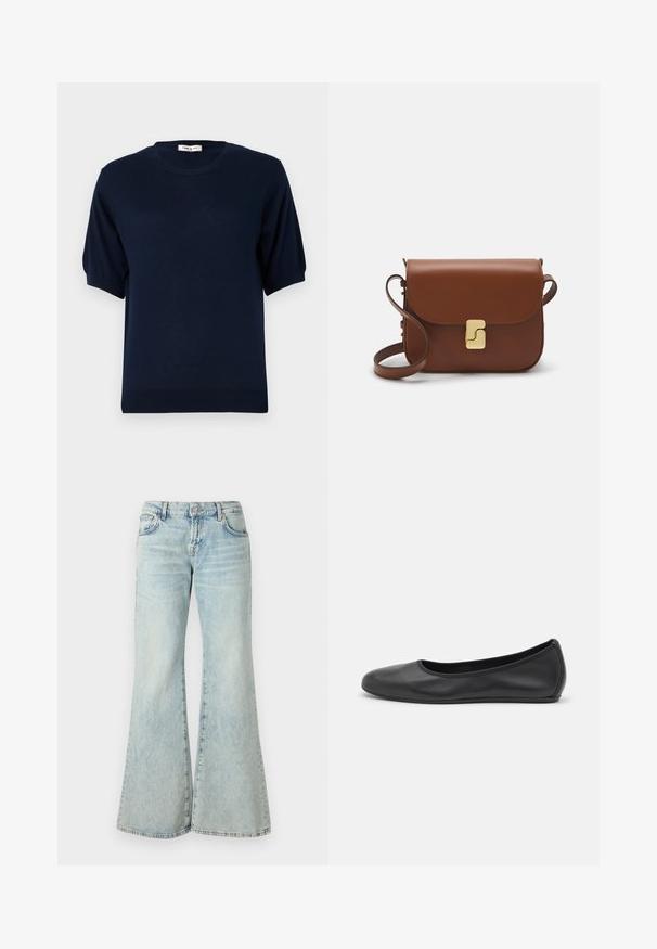 Paul & Joe BASTIEN - Džemper - marine; Heledad sinised flared teksad, mis on valmistatud denimist, kõrge vöökoha, taskute ja kulunud äärtega. Kangas näitab tuhmumist ja peent tekstuuri.; Musthave mustika tantsutossud mustast nahast, ümmarguse varbaga, siledast tekstuurist, minimaalse õmblusdetailiga ja paindliku tallakujundusega.; Pruunist nahast käekott, millel on klapiga sulgur, kuldne riistvara, õlarihm ja sile tekstuur. Kompaktne ristkülikukujuline vorm.