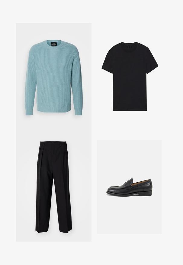 Mads Nørgaard VILHELM - Svetr - slate; Černé bavlněné tričko s krátkými rukávy a kulatým výstřihem. Tkanina má hladkou strukturu a jednoduchý, jednobarevný design.; Černé skládací kalhoty s rovnými, širokými nohavicemi. Vyrobené z hladké tkaniny, se zapínáním na knoflík a poutky na opasek.; Černé kožené mokasíny s hladkým povrchem, zaoblenou špičkou a dekorativním prošíváním na svršku. Nízký podpatka a mírný lesk.