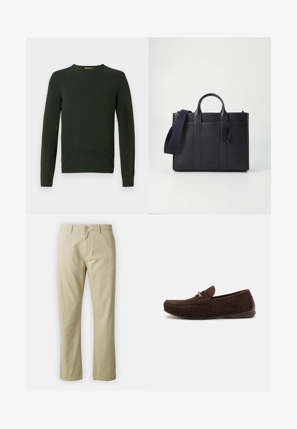 Mørkegrøn strikket sweater med lange ærmer, en rund halsudskæring og en glat overflade. Ingen synlige mønstre eller hardwaredetaljer.; Beige bomuldsbukser med lige ben-design, frontlukning med knap og bæltestropper. Glat tekstur, ingen synlige mønstre eller accenter.; Brune ruskinds loafers med en syet design, subtil tekstur, rund tå og sølvhardware detaljer. Lav gummisål for komfort.; Mørkeblå læderaktet med dobbelte topgreb og en aftagelig rem. Har tekstureret overflade, lodret syning og logodetalje.