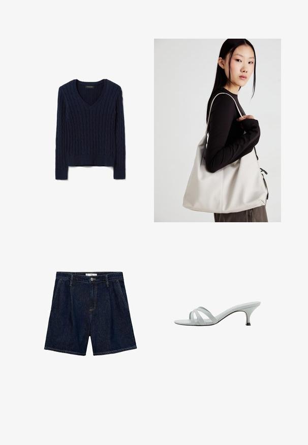 Himmelblauer Kabelstrickpullover mit V-Ausschnitt und geripptem Saum. Lange Ärmel zeigen strukturierte Muster über den Stoff.; Dunkelblaue Denim-Shorts mit hoher Taille, ausgestattet mit zwei seitlichen Taschen und einem Knopfverschluss vorne. Glatte Textur und lässiges Design.; Hellgraue Absätze mit drei überkreuzten Riemen, schlankem Profil und spitz zulaufendem Absatz. Glatte Textur mit leicht glänzendem Finish.; Beige Handtasche aus weichem Material, mit einem lässigen Design, gesteppten Details und zwei Schulterriemen. Geeignet für den täglichen Gebrauch.