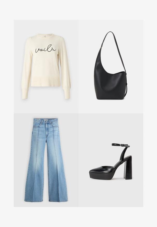 Suéter de cor creme com mangas longas e soltas e punhos canelados. Apresenta um "voilà" em preto, bordado na frente. Textura suave.; Jeans de cintura alta em azul claro, com pernas largas, bolsos dianteiros e traseiros, passantes para cinto e detalhes de costura vertical na parte da frente.; Saltos altos pretos com bico fino e atilho ajustável no tornozelo. Confeccionados em couro suave, apresentam um salto bloco robusto.; Saco hobo preto em pele com uma textura lisa, forma curva e uma única alça ajustável; apresenta uma abertura larga na parte de cima.