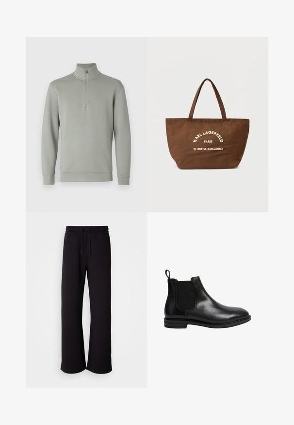 Felpa grigia chiara con colletto alto e mezzi zip. Tessuto morbido, maniche lunghe e orlo dritto. Senza motivi o accenti aggiuntivi.; Maglietta bianca a maniche corte con scollo rotondo, realizzata in cotone. Design semplice, senza motivi o accenti, vista da dietro.; Pantaloni sportivi neri in morbido tessuto, con vita regolabile tramite coulisse, vestibilità ampia e design a gamba dritta. Stile minimalista senza fantasie.; Stivale Chelsea in pelle nera con pannello laterale elastico, punta rotonda, linguetta sul retro e tacco basso impilato. Superficie liscia e lucida.; Borsa a mano in tela marrone con due manici, con testo stampato bianco "KARL LAGERFELD PARIS 21 RUE ST-GUILLAUME." Design semplice e forma spaziosa.