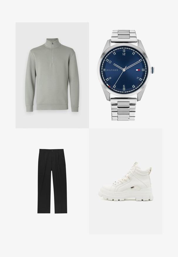 Világosszürke pulóver magas gallérral és fél cipzárral. Puha anyag, hosszú ujjak és egyenes szegély. Nincsenek minták vagy kiegészítő díszítések.; Fekete nadrág egyenes szárú kialakítással, sima anyagból készült. Elöl redők és egy gombos záródás található a derékon.; Fehér bokáig érő sportcipők texturált felülettel, vastag gumitalppal és párnázott nyakkal. Fűzős dizájnnal és logós díszítéssel rendelkezik.; Ezüst színű fém óra kék, kefélt számlappal, fehér órijjelezőkkel és dátumkijelzővel. Fém, láncolt szíj és márkalogó jellemzi.