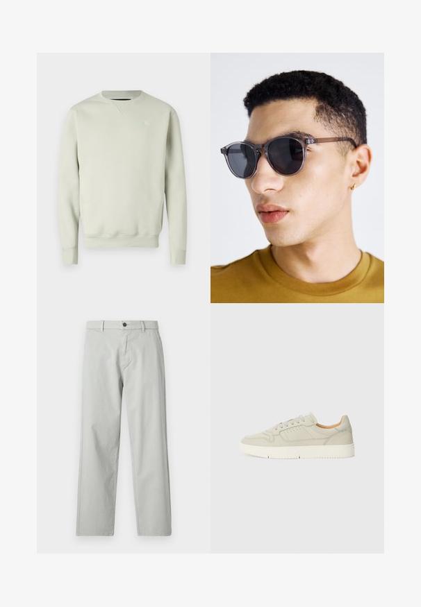 Light green crewneck sweatshirt made of soft fabric, featuring ribbed cuffs and hem, with a small logo on the left chest.; Light gray, straight-leg pants made of a smooth, woven fabric. Features a front button closure and side pockets. Minimalist style.; Light gray leather sneaker with flat laces, perforated detailing, and a textured rubber sole. Simple design with a soft inner lining.; Gray-tinted round sunglasses with a transparent frame, featuring dark lenses and thin, sleek arms. Worn by a person with short curly hair.