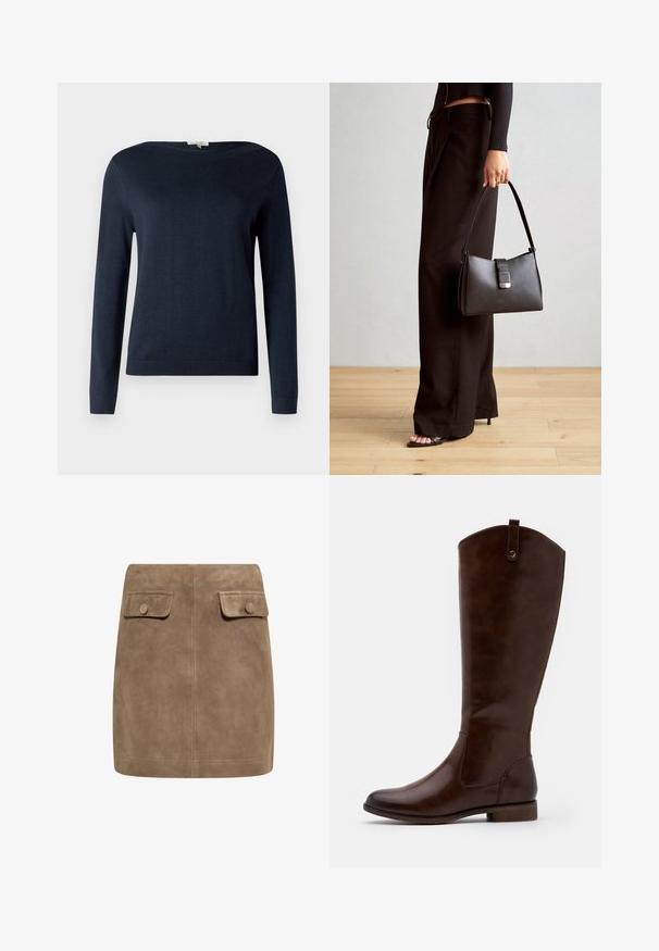 Suéter de cuello redondo de manga larga en azul marino, con puños y dobladillo acanalados, mostrado sobre un fondo blanco liso.; Top marrón de manga larga con un escote amplio y un detalle de nudo en un lado, hecho de una tela suave y texturizada.; Mini falda de ante marrón con una textura suave, que presenta dos bolsillos frontales con solapa y cierres de botón a cada lado. Diseño simple y recto.; Botas marrones hasta la rodilla, hechas de cuero liso, con punta redondeada, tacón bajo apilado y un sutil patrón de costura a lo largo de los lados.; Bolso negro con forma estructurada, textura suave y un cierre metálico. Combinado con pantalones anchos negros y sandalias de dedo en un suelo de madera.