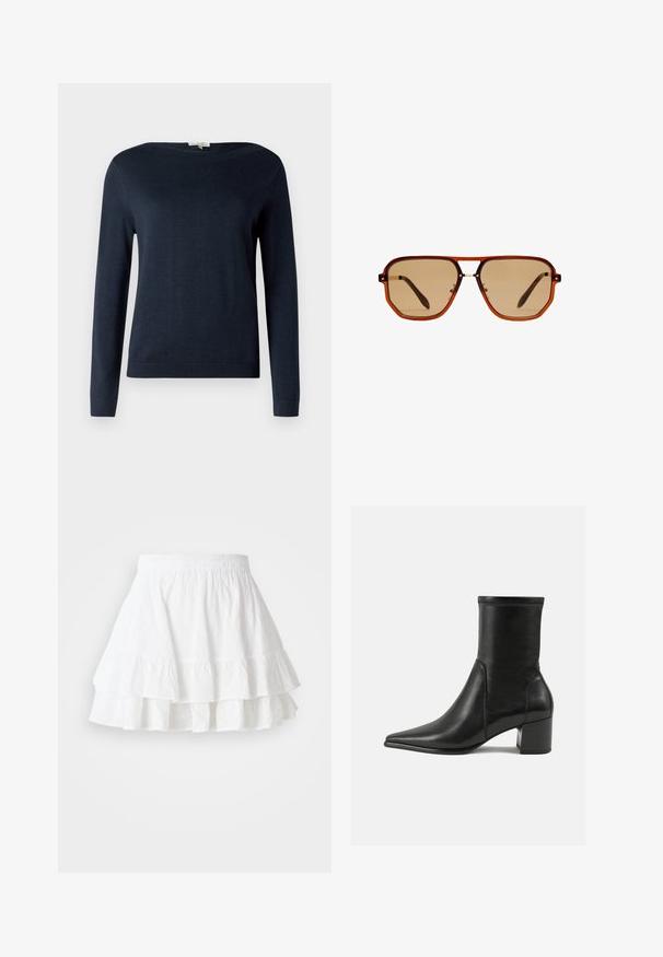 Mornarsko modra dolga majica s crew neck izrezom in rebrastimi manšetami ter hemom, prikazana na enobarvni beli podlagi.; Bela večplastna krila iz lahkega materiala z vzorcem očesnih lukenj in nabrano obrobo. Ima elastičen pas za udobje.; Črne gležnjarje iz gladkega usnja, z izostrenim nosom, blokastim peto in izrazitim povišanim šivom na zgornjem robu.; Rjave osmerokotne sončne naočale s prozornim amber okvirjem in rjavimi lečami s senco. Imajo kovinski detajl na mostu in vitke temple.; Rjava nubuk torba za ramena z dvema ročajema, z loputo na gumb in sproščenim, rahlo ohlapnim oblikovanjem.