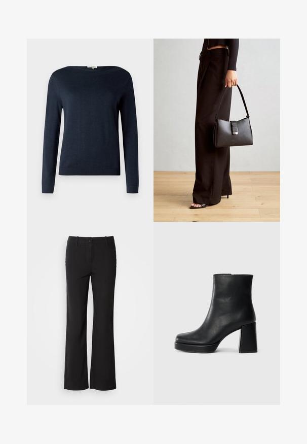 Tumesinine pikkade varrukatega ümar kaelusega villane särk ribaga krae ja hemiga, esitatud lihtsa valge tausta ees.; Mustad puuvillasegu püksid sirge lõikega, ees nupuga kinnitamine ja kaks külge taskut. Sile tekstuur, nähtavaid mustreid ei ole.; Must musta ankle boot, milleplokk-konts ja platvormi tallaga, vaadatud küljelt ühetoonilise valge tausta peal.; Must musta kott, millel on struktureeritud kuju, sile tekstuur ja metallist klamber. Kombineeritud laiate mustade pükstega ja avatud varvaste sandaalidega puidust põrandal.