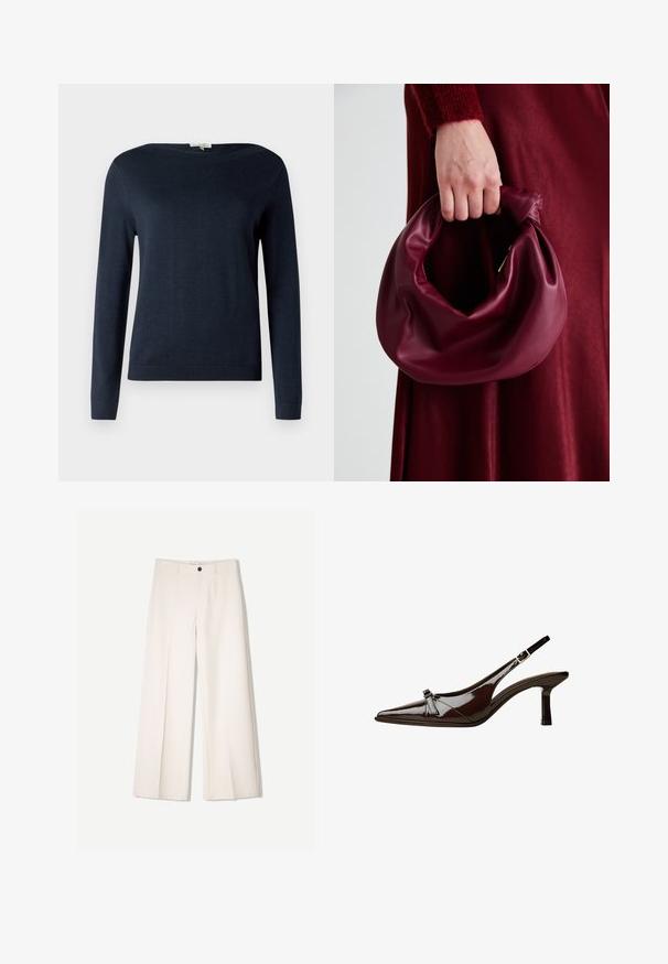 Námořnická modrá dlouhá rukávová svetr s kulatým výstřihem, s pružnými manžetami a lemem, vystavený na jednobarevném bílém pozadí.; Krémové široké kalhoty s tailored designem, které mají dvě přední kapsy a jedno zapínání na knoflík vpředu, vyrobené z hladkého materiálu.; Hnědé lakované sandály s špičatou špičkou, nízkým podpatkem a dekorativní mašlí na přední části. Hladký, lesklý povrch.; Burgundská kožená kabelka s měkkým, nabíraným designem a zaobleným tvarem. Ucho je zajištěné a vykazuje hladkou texturu.