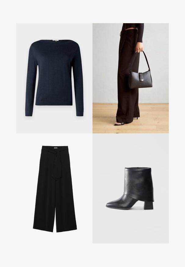 Pull en tricot bleu marine à manches longues et col rond, avec des poignets et un ourlet côtelés, présenté sur un fond blanc uni.; Pantalons larges noirs en tissu texturé, avec une taille élastique et une ceinture à nouer amovible à la taille pour un ajustement variable.; Bottine en cuir noir à bout pointu, texture lisse et talon bloc structuré. Elle se distingue par un design de revers haut et plié.; Sac à main noir à la forme structurée, texture lisse et fermoir métallique. Associé à un pantalon noir ample et des sandales ouvertes sur un sol en bois.