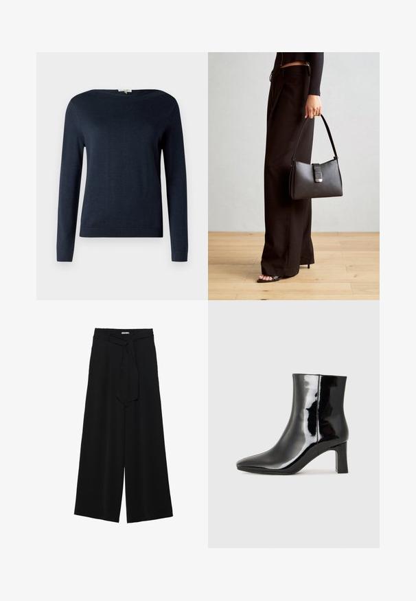 Mornarsko modra dolga majica s crew neck izrezom in rebrastimi manšetami ter hemom, prikazana na enobarvni beli podlagi.; Črne široke hlače iz teksturirane tkanine, z elastičnim pasom in odstranljivim trakom na pasu za prilagodljivo prileganje.; Črne lakirane gležnjarje z ošiljenim nosom in srednje visokim blokastim peto. Gladka tekstura in minimalističen dizajn.; Črna torbica z strukturirano obliko, gladko teksturo in kovinskim zaponko. Ujemajo se z širokimi črnimi hlačami in odprtimi sandali na lesenem tleh.