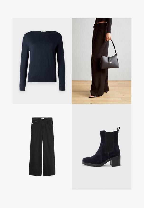 Tamsiai mėlynas ilgo rankovėmis apvalios kaklo megztinis su raištinėmis rankovėmis ir apatine kraštine, pristatytas prieš paprastą baltą foną.; Platus juodas džinsinis kelnes su aukštu juosmeniu. Yra penkios kišenės, metalinės detalės ir švarus apdaila. Paviršius yra lygus ir švelnus.; Tamsiai mėlynos suknelės odos aulinukai iki kulkšnių su elastingu šoniniu paneliu, apvaliu pirštu ir bloko kulnu. Tekstūruota medžiaga ir lygi padas suteikia kontrastą.; Juodas rankinė struktūrizuota forma, lygi tekstūra ir metalinis užsegimas. Suporuota su plačiomis juodomis kelnėmis ir atvirais bateliais ant medinių grindų.