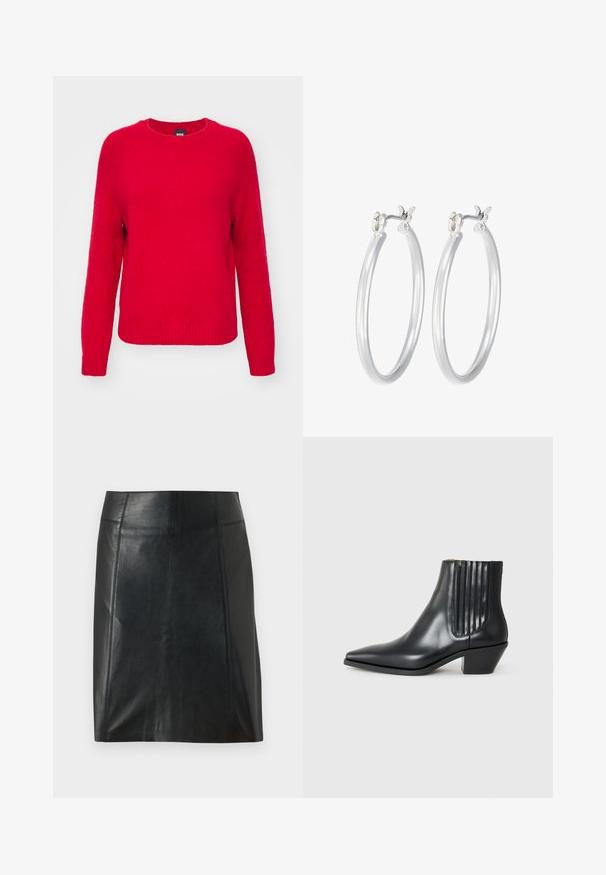 BOSS FEBISAN - Strickpullover - bright red; Schwarzer Lederrock mit taillierter Passform. Glatte Textur, Nähte, die die Form betonen, und ein gerader Saum. Minimalistische und elegante Optik.; Schwarze Leder-Ankle-Boots mit spitzem Zehenbereich, seitlichen elastischen Einsätzen mit vertikalen Rillen und einem niedrigen Blockabsatz. Glatte Textur und elegantes Design.; Silberne Creolen mit einer glatten, polierten Oberfläche. Runder Form und sicherem Klickverschluss. Leichtes Design, geeignet für den täglichen Gebrauch.
