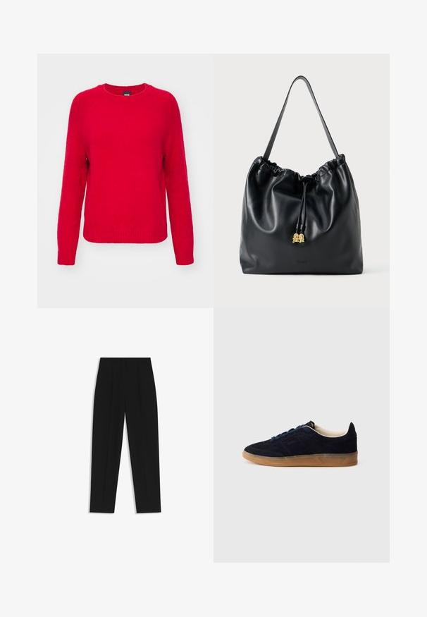 BOSS FEBISAN - Neule - bright red; Mustat housut suoran istuvuuden kanssa, joissa on kaksinkertaiset laskokset, sileä pinta ja klassinen vyötärönauhan muotoilu. Ei näkyviä metalliosia tai koristeita.; Laivastonsininen mokkanahkainen tennari, jossa on kuminahkainen pohja, siniset nauhat ja minimalistinen muotoilu. Sivussa on kohokuvioitu logo ja sisäpuolella sileä vuori.; Musta nahkainen nyörilaukku, jossa on sileä pinta, kerätty yläosa ja hillitty kultainen pieni kaluste. Varustettu yhdellä tukevalla hihnalla ja kohokuvioidulla logolla.