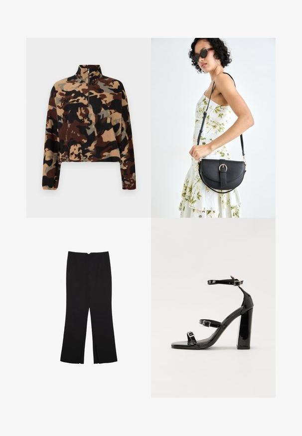 Langærmet fleece-pullover med brun, sort og beige camouflage-mønster, med halv-lynlås krave og elastiske manchetter.; Sorte bukser med lige pasform, der har frontlommer og slidser i kanten. Lavet af blødt, glat stof. Velegnet til forskellige anledninger.; Sorte patenterede hælsandaler med firkantet tå, ankelremme og sølvspænder. Har en chunky blokHæl for stabilitet.; Sort læderhåndtaske med en buet form, aftagelig rem og guldfinish. Tasken har en klap med en spænde detalje.