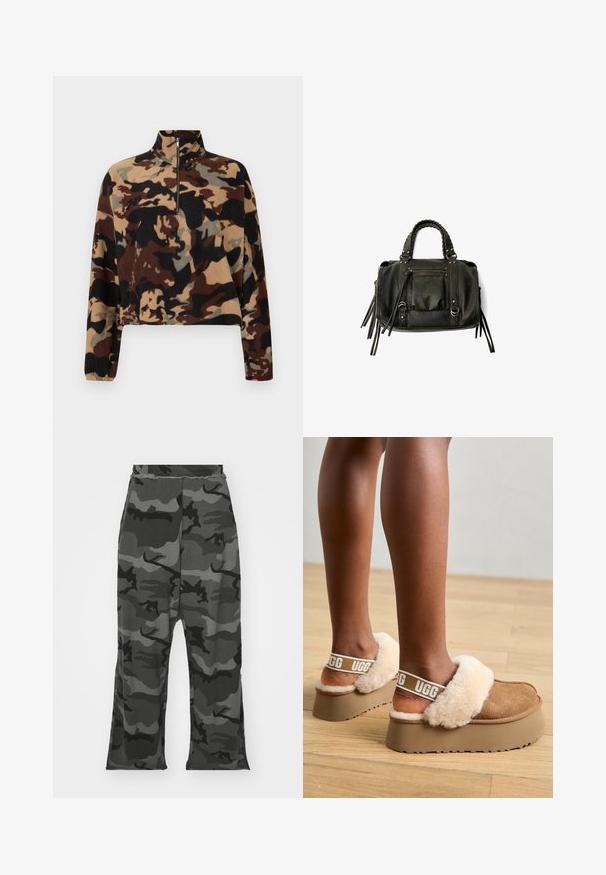 Pitkähiha fleece-pusero ruskealla, mustalla ja vaaleanruskealla kamouflage-kuviolla, jossa on puoli-vetoketjukaulus ja joustavat hihansuut.; Kamoflaažin housut musta ja harmaan sävyissä, joissa on elastinen vyötärö, rento malli ja kevyet halkiot lahkeiden alaosassa.; Ruske platform sandals s remenom obloženim krznom i mekim bež krznom. Ima logo na remenu i teksturiranu potplatu.; Musta nahkainen käsilaukku letitetuilla kahvoilla, vetoketjullinen tasku ja roikkuvat tupsut. Muotoiltu pinta metallisten niittien ja varusteiden korostuksilla.