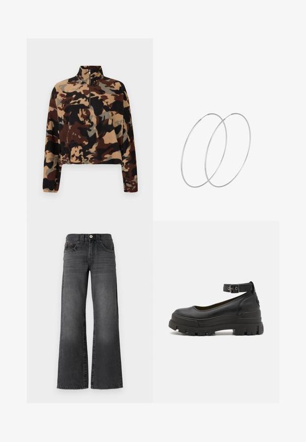 Maglione in pile a maniche lunghe con motivo camouflage marrone, nero e beige, dotato di colletto a mezza zip e polsini elasticizzati.; Jeans a gamba larga in denim grigio scuro. Presentano cinque tasche, una chiusura con bottone e una leggera sfumatura sul tessuto. Accenti di cucitura classica.; Buffalo ASPHA - Scarpe con plateau - black; Orecchini a cerchio in argento con un design minimalista. Forma circolare, superficie liscia e profilo sottile. Leggeri con una finitura lucida.
