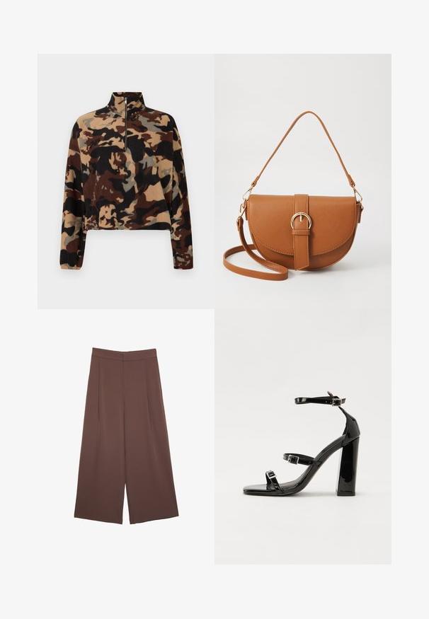 Dlouhý fleece pulovr s hnědým, černým a béžovým maskáčovým vzorem, s polo-zip límcem a elastickými manžetami.; Hnědé široké kalhoty s hladkou texturou, vysokým pasem a předními záhyby. Materiál je lehký a volně splývá.; Černé lakované sandály na podpatku se čtveratou špičkou, lýtkovými pásky a stříbrnými přezkami. Disponují masivním blokovým podpatkem pro stabilitu.; Hnědá kožená křížová taška s zakřiveným tvarem, zlatými detaily a akcentem s přezkou. Obsahuje odnímatelný popruh na rameno.