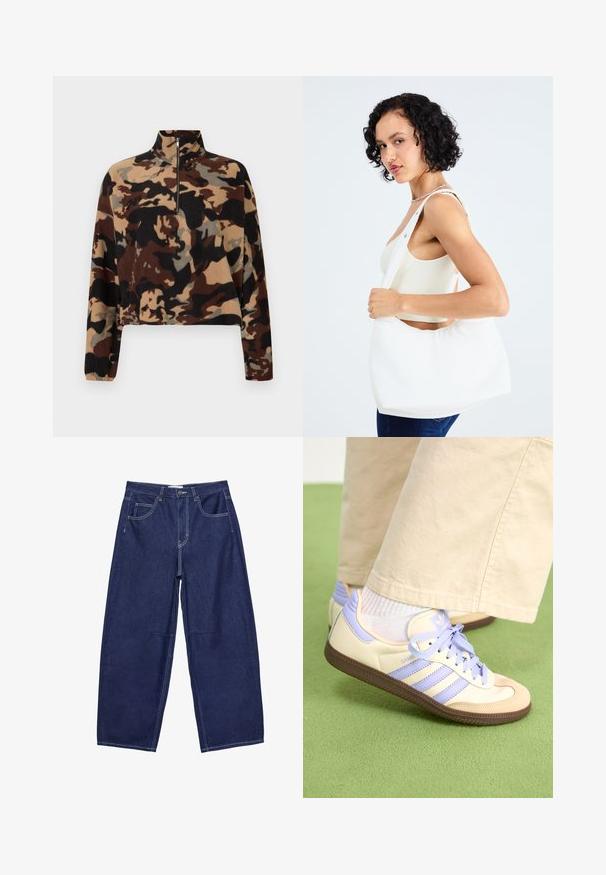 Długorękawowy polarowy sweter z brązowym, czarnym i beżowym kamuflażem, z półzamkiem przy kołnierzu i elastycznymi mankietami.; Granatowe dżinsowe spodnie z szerokimi nogawkami i wysokim stanem, pięć kieszeni oraz kontrastowe białe szwy. Gładka faktura, klasyczny design.; Kremowe i lawendowe trampki z trzema paskami oraz teksturowaną brązową podeszwą, wyposażone w sznurówki i wyścieloną piętę. Górna część z miękkiego materiału.; Biała torba na ramię wykonana z gładkiego materiału, z owalnym wycięciem i szerokim paskiem. Prosta i nowoczesna, bez widocznych elementów ozdobnych.