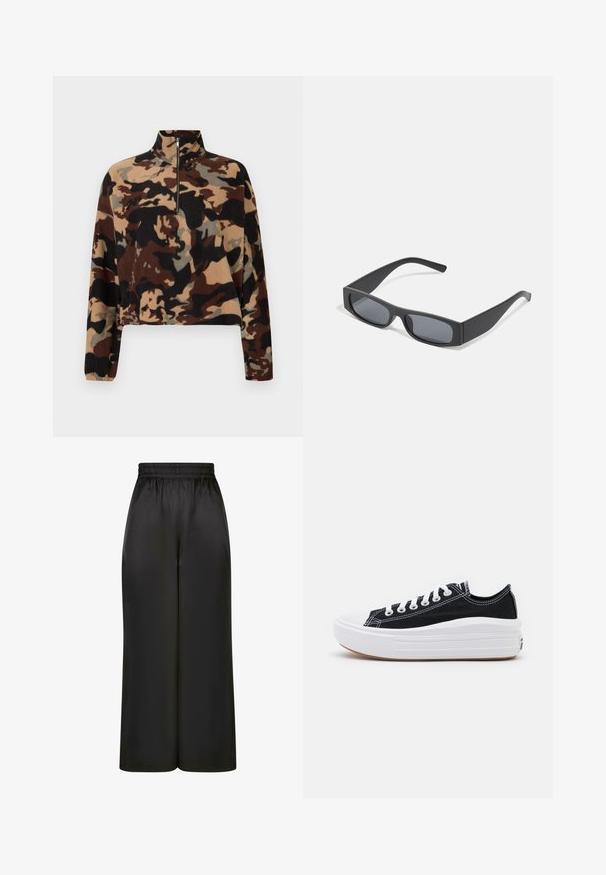 Pulover z dolgimi rokavi iz flisa z rjavim, črnim in bež kamerah vzorcem, ki ima ovratnik z polnim zadrgo in elastiko na manžetah.; Črne široke hlače iz gladkega, sijočega materiala z elastičnim pasom in brez vidnih žepov ali kovinskih detajlov.; Črne platnene športne copate z belimi vezalkami, belim gumijastim prstnim zaščitnikom in masivnim belim srednjim podplatom. Imajo subtilne bele šive in gumijast podplat.; Črne pravokotne sončna očala s temnimi lečami in debelimi mat okvirji. Ročaji so rahlo ukrivljeni in imajo gladko teksturo.