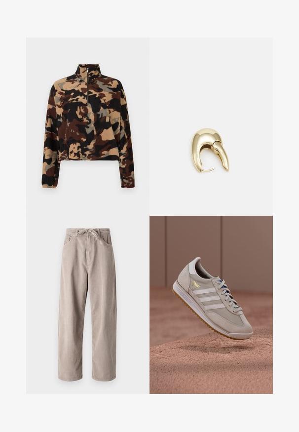 Langærmet fleece-pullover med brun, sort og beige camouflage-mønster, med halv-lynlås krave og elastiske manchetter.; Beige fløjlsbukser med løs pasform, der har en snor i taljen, to frontlommer og lodret ribbet tekstur.; Beige sneakers med overdel i ruskind og mesh, hvide tre striber, sål i gummigummi, blå snørebånd og gyldent accentlogo. Klassisk retrodesign.; Guldtonet metal ørering med et slankt, buet design. Har en karakteristisk spids form, poleret overflade og hængselåbning.