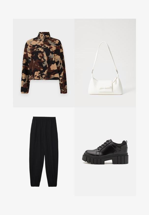 Pulover din fleece cu mâneci lungi, cu un model de camuflaj în nuanțe de brun, negru și bej, având un guler cu fermoar pe jumătate și manșete elastice.; Pantaloni negri, ușori, cu un brâu elastic și tivuri strânse. Materialul este neted și are un design relaxat, conic.; Pantofi cu talpă plată din piele neagră, cu toc gros, vârf rotund și design tradițional cu șireturi. Prezintă o textură netedă și detalii minime.; Geantă sintetică albă, cu formă triangulară, capac frontal plat și detaliu cu fundă, curea ajustabilă, textură netedă și design minimalist.