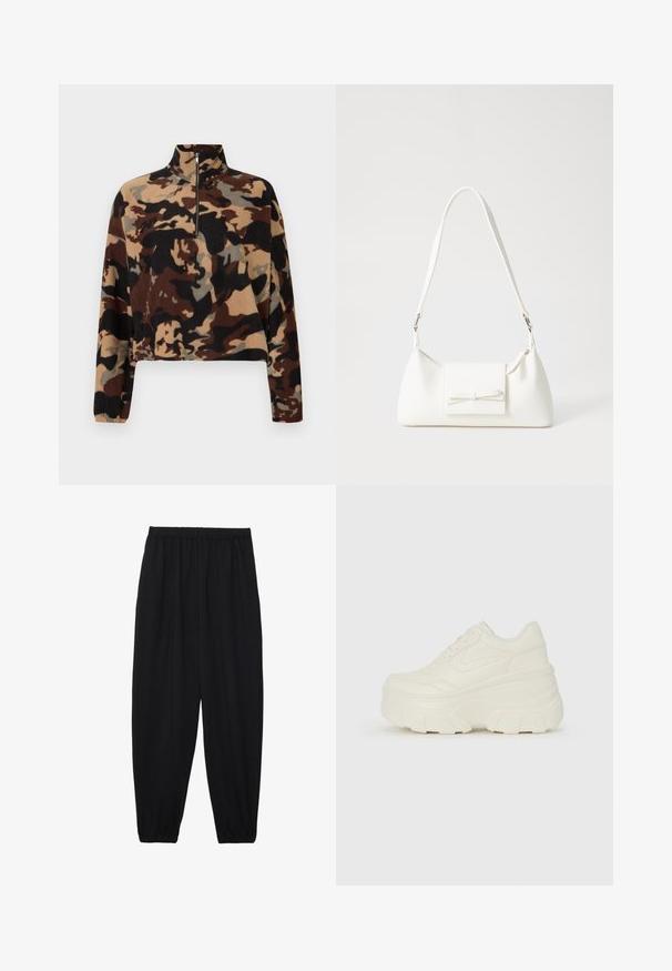 Dlouhý fleece pulovr s hnědým, černým a béžovým maskáčovým vzorem, s polo-zip límcem a elastickými manžetami.; Černé, lehké kalhoty s elastickým pasem a nařasenými kotníky. Tkanina je hladká a má uvolněný, zúžený design.; Bílé platformové tenisky s hladkým svrškem podobným kůži, zaobleným tvarem, polstrovaným límcem a texturovanou gumovou podrážkou s vyznačenými vzory.; Bílá syntetická kabelka v trojúhelníkovém tvaru, s plochým předním klopným víkem a detailem mašle, nastavitelným popruhem, hladkým povrchem a minimalistickým designem.