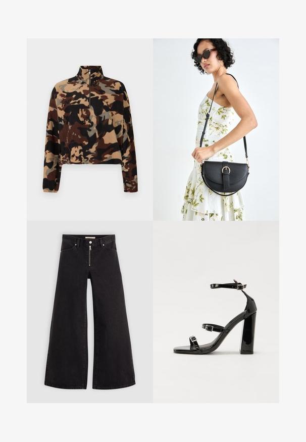 Long-sleeve fleece pullover with brown, black, and beige camouflage pattern, featuring a half-zip collar and elastic cuffs.; Wide-leg jeans in black denim with a zippered front, five-pocket design, and subtle stitching details. Smooth texture and casual style.; Black patent heeled sandals with a square toe, ankle straps, and silver buckles. Features a chunky block heel for stability.; Black leather handbag with a curved shape, detachable strap, and gold hardware. The bag features a flap with a buckle detail.